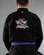 Rebel Angel embroidery on the back of a black BJJ Gi