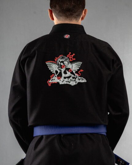 Rebel Angel embroidery on the back of a black BJJ Gi