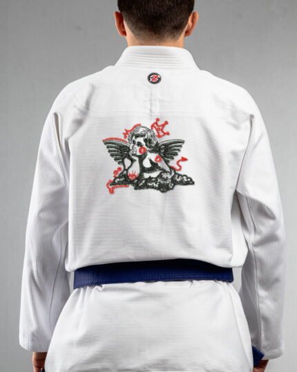 Rebel Angel embroidery on the back of a white BJJ Gi