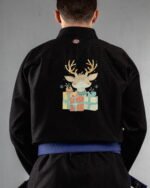 Christmas Reindeer embroidery on the back of a black BJJ Gi