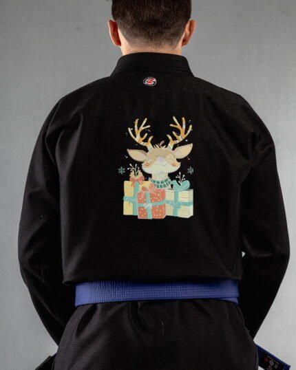 Christmas Reindeer embroidery on the back of a black BJJ Gi