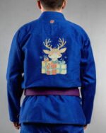 Christmas Reindeer embroidery on the back of a blue BJJ Gi