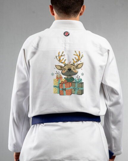 Christmas Reindeer embroidery on the back of a white BJJ Gi