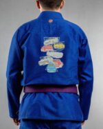 Retro Cars embroidery on the back of a blue BJJ Gi