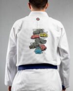 Retro Cars embroidery on the back of a white BJJ Gi