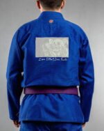 Zero Effort embroidery on the back of a blue BJJ Gi