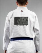 Zero Effort embroidery on the back of a white BJJ Gi