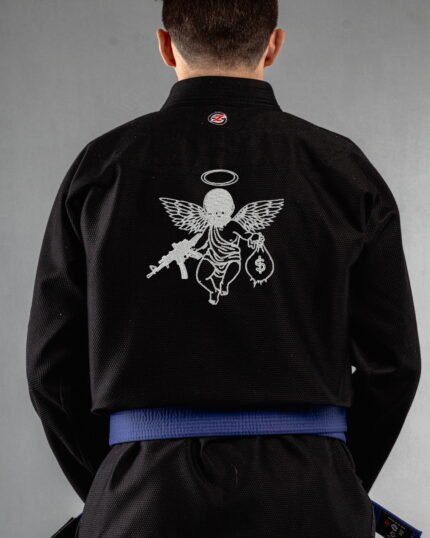 Saint Sin embroidery on the back of a black BJJ Gi