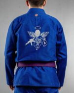 Saint Sin embroidery on the back of a blue BJJ Gi