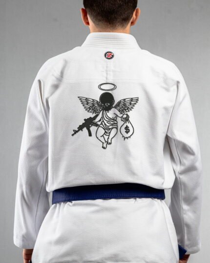 Saint Sin embroidery on the back of a white BJJ Gi
