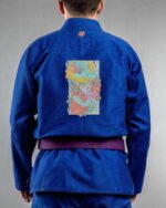 Samurais Legacy embroidery on the back of a blue BJJ Gi
