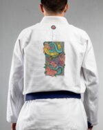 Samurais Legacy embroidery on the back of a white BJJ Gi