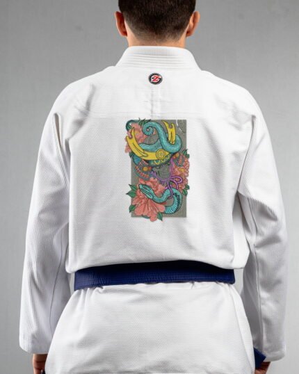 Samurais Legacy embroidery on the back of a white BJJ Gi