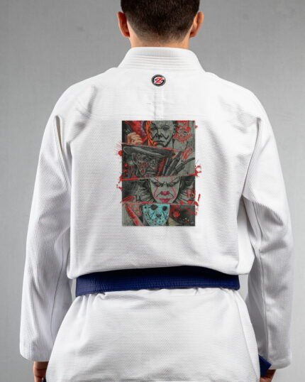 Scary Party ,horror,scream embroidery on the back of a white BJJ Gi
