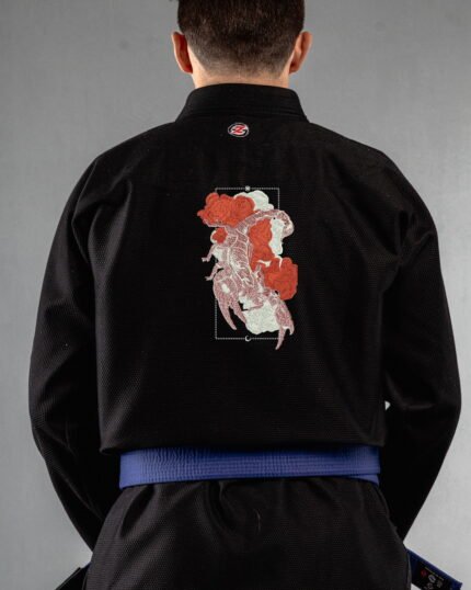 Scorpion embroidery on the back of a black BJJ Gi