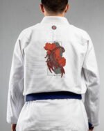 Scorpion embroidery on the back of a white BJJ Gi