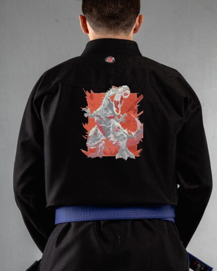Screaming Trex embroidery on the back of a black BJJ Gi