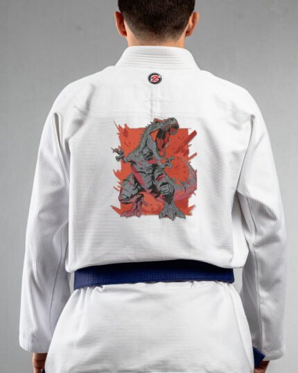Screaming Trex embroidery on the back of a white BJJ Gi