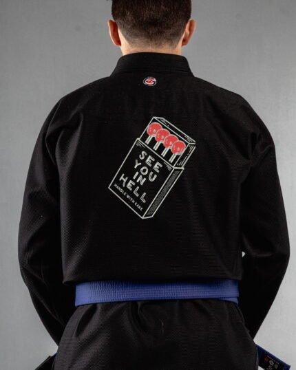 See You In Hell (minimal Design) embroidery on the back of a black BJJ Gi
