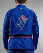 See You In Hell (minimal Design) embroidery on the back of a blue BJJ Gi