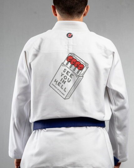 See You In Hell (minimal Design) embroidery on the back of a white BJJ Gi