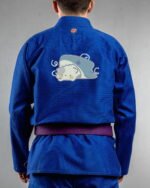 Cat & Shark embroidery on the back of a blue BJJ Gi