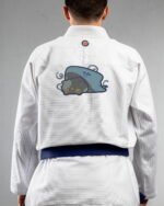 Cat & Shark embroidery on the back of a white BJJ Gi