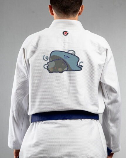 Cat & Shark embroidery on the back of a white BJJ Gi