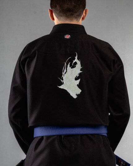 Shark embroidery on the back of a black BJJ Gi