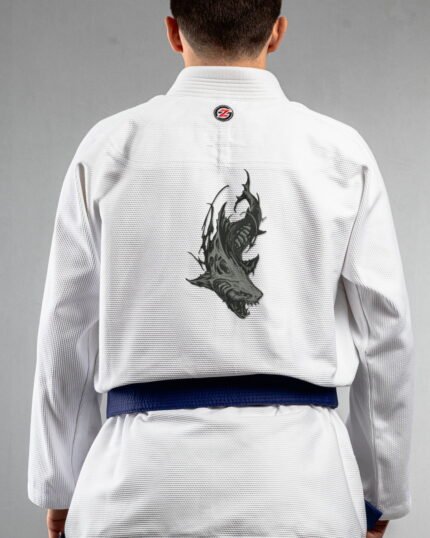 Shark embroidery on the back of a white BJJ Gi