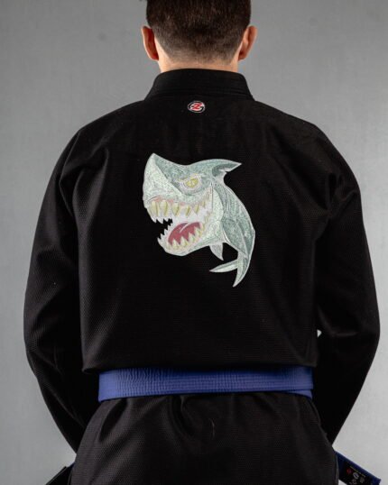 Shark embroidery on the back of a black BJJ Gi