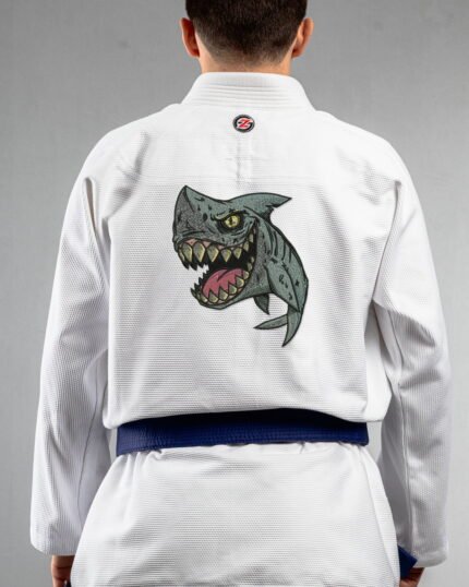 Shark embroidery on the back of a white BJJ Gi
