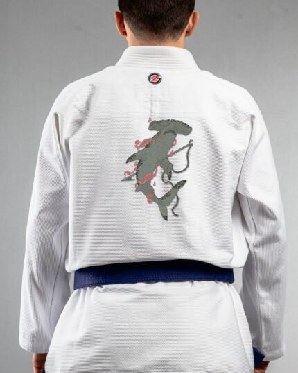 Shark With A Skull Tattoo ,shark,hammerhead Shark embroidery on the back of a white BJJ Gi