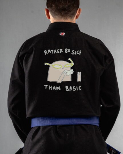Sick Than Basic embroidery on the back of a black BJJ Gi