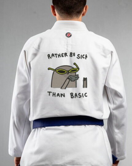 Sick Than Basic embroidery on the back of a white BJJ Gi