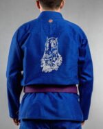 Sinner embroidery on the back of a blue BJJ Gi