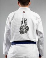 Sinner embroidery on the back of a white BJJ Gi