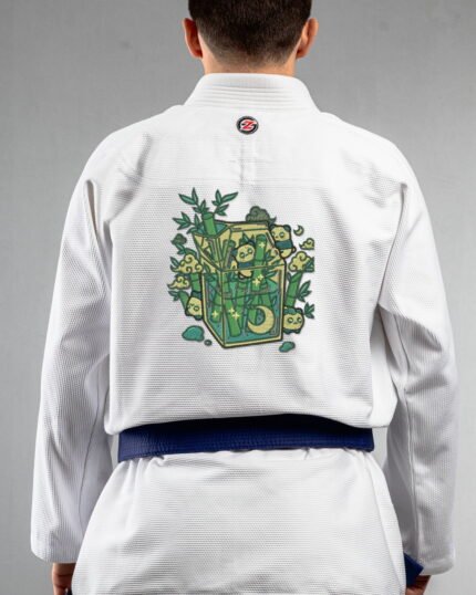 Sippin On Bamboo embroidery on the back of a white BJJ Gi