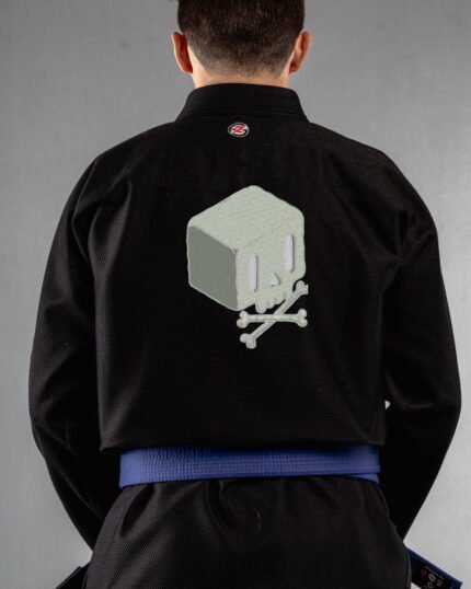 Skull Cube embroidery on the back of a black BJJ Gi