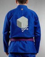 Skull Cube embroidery on the back of a blue BJJ Gi