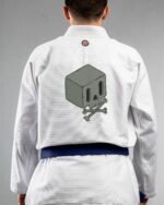 Skull Cube embroidery on the back of a white BJJ Gi