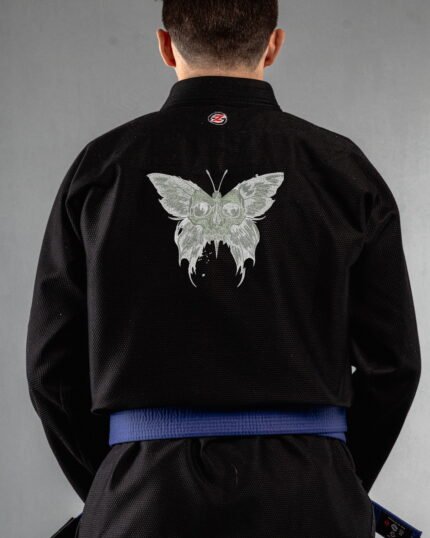 Skull Butterfly embroidery on the back of a black BJJ Gi