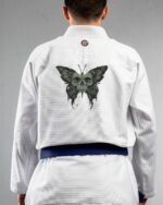 Skull Butterfly embroidery on the back of a white BJJ Gi