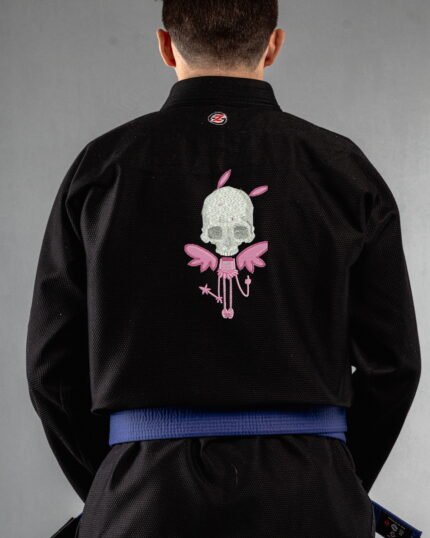 Skull Fairy embroidery on the back of a black BJJ Gi