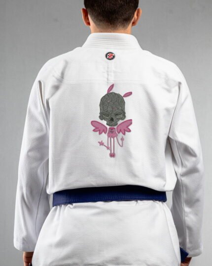 Skull Fairy embroidery on the back of a white BJJ Gi
