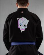 Skull Glitch embroidery on the back of a black BJJ Gi