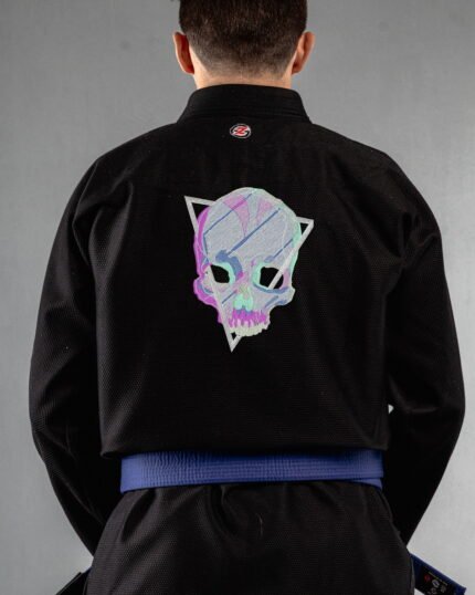 Skull Glitch embroidery on the back of a black BJJ Gi