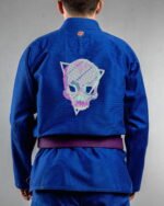 Skull Glitch embroidery on the back of a blue BJJ Gi