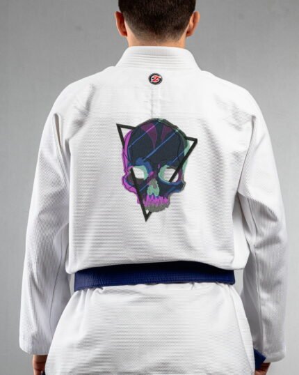 Skull Glitch embroidery on the back of a white BJJ Gi
