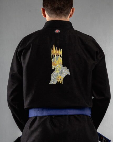 Golden King embroidery on the back of a black BJJ Gi